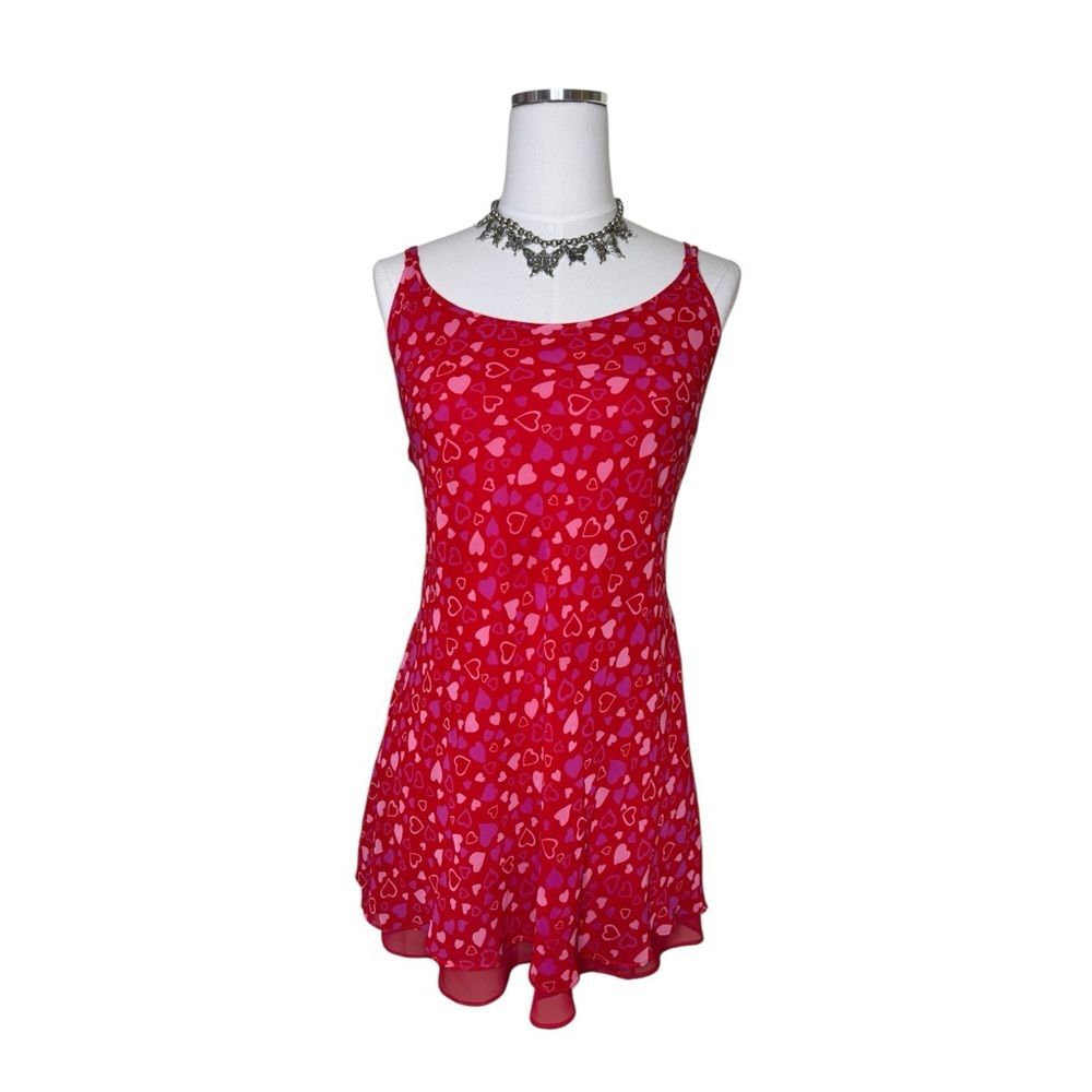 Y2K Inner Most Red + Pink Heart Print Slip Mini Dress Size Medium